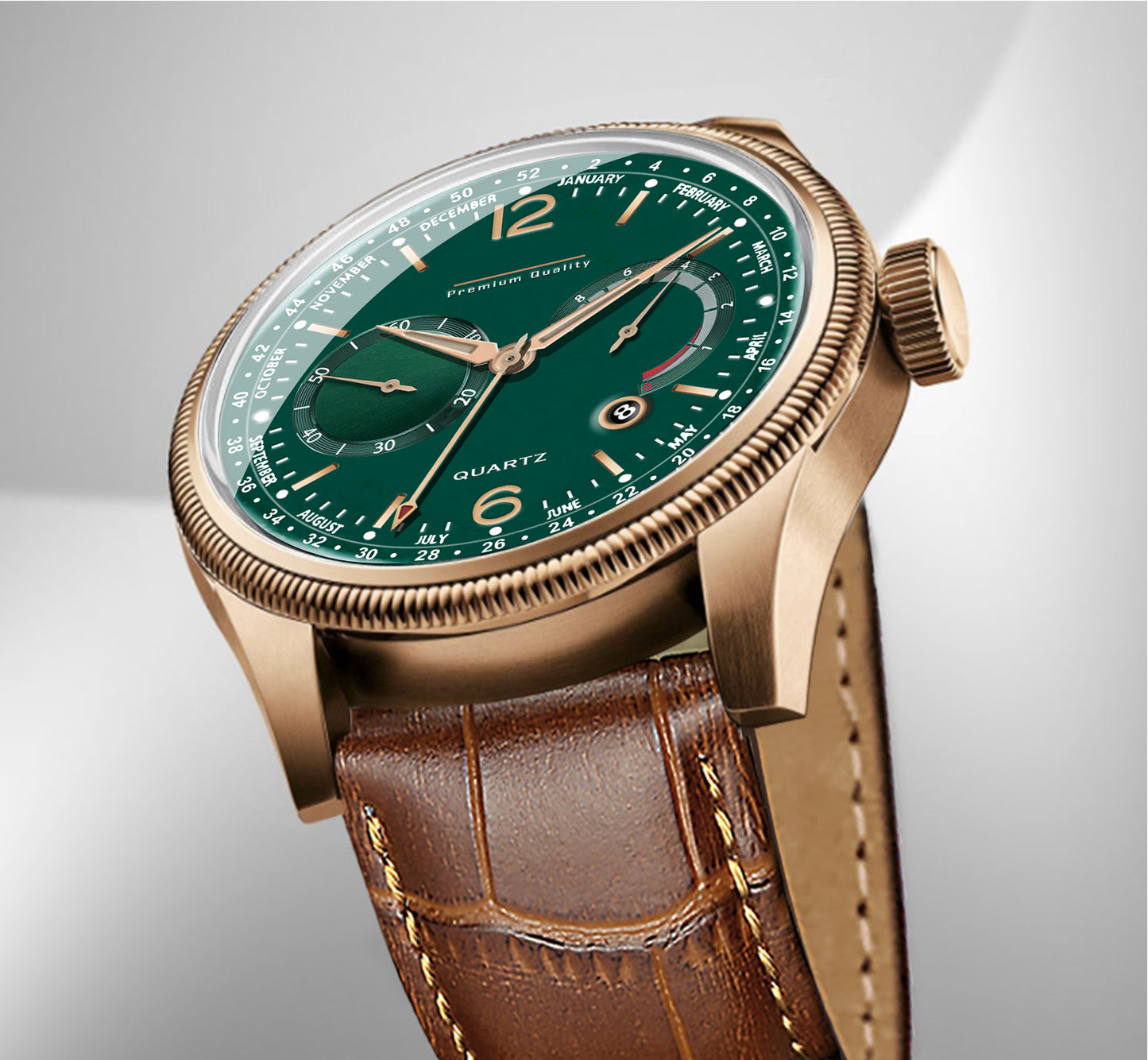 Men's Premium Multifunction Calendar Watch | Rose Gold Case, Forest Green Dial, and Brown Alligator-Style Strap