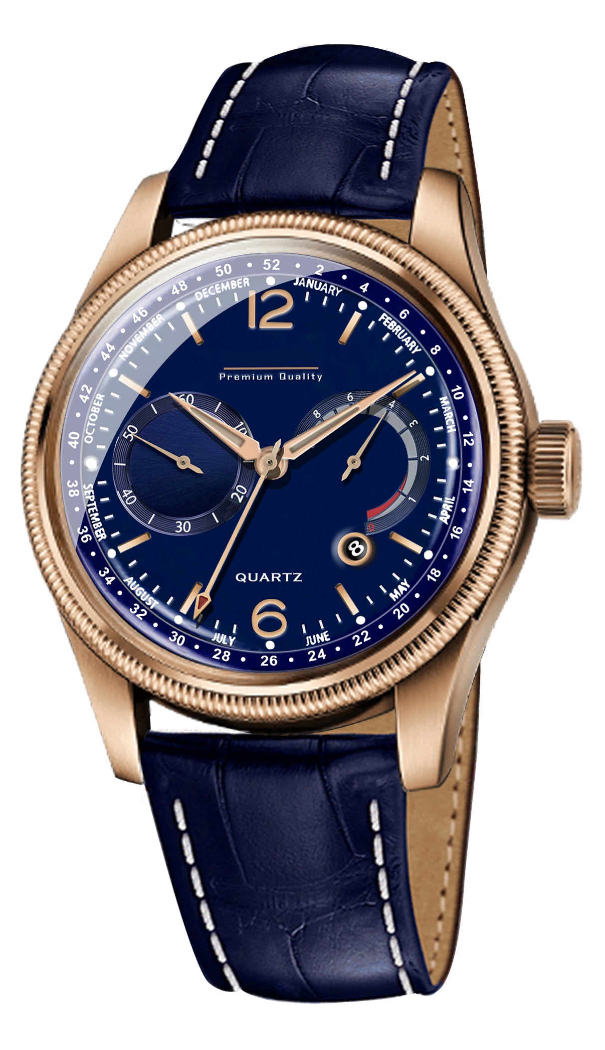 Men's Grand Multifunction Calendar Watch | Rose Gold Case, Midnight Blue Dial, and Navy Alligator-Style Strap