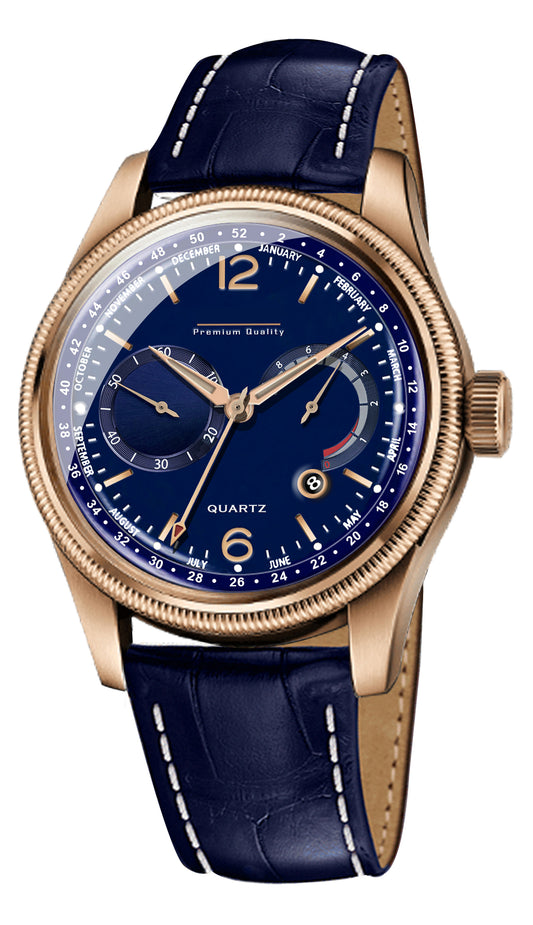 Men's Grand Multifunction Calendar Watch | Rose Gold Case, Midnight Blue Dial, and Navy Alligator-Style Strap