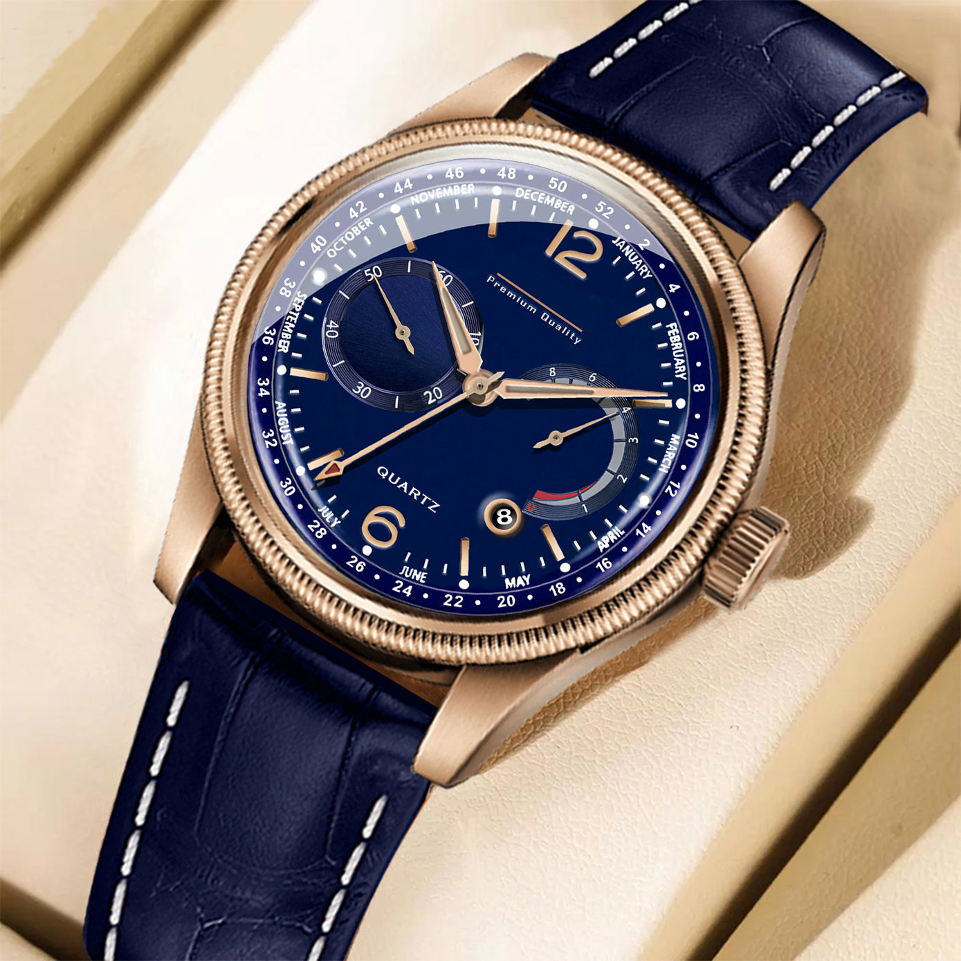 Men's Grand Multifunction Calendar Watch | Rose Gold Case, Midnight Blue Dial, and Navy Alligator-Style Strap