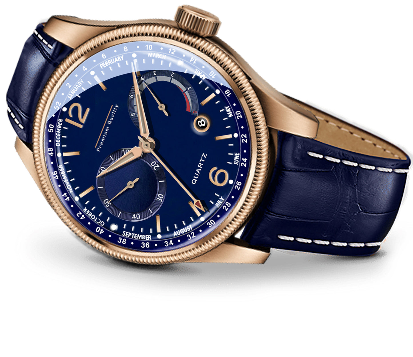 Men's Grand Multifunction Calendar Watch | Rose Gold Case, Midnight Blue Dial, and Navy Alligator-Style Strap