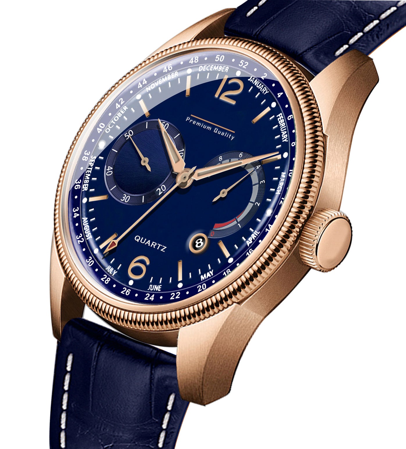 Men's Grand Multifunction Calendar Watch | Rose Gold Case, Midnight Blue Dial, and Navy Alligator-Style Strap