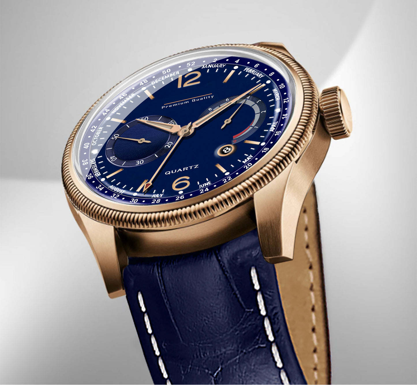 Men's Grand Multifunction Calendar Watch | Rose Gold Case, Midnight Blue Dial, and Navy Alligator-Style Strap
