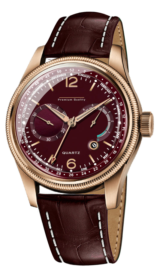 Men's Premium Multifunction Calendar Watch | Rose Gold Case, Rich Burgundy Dial, and Brown Alligator-Style Strap