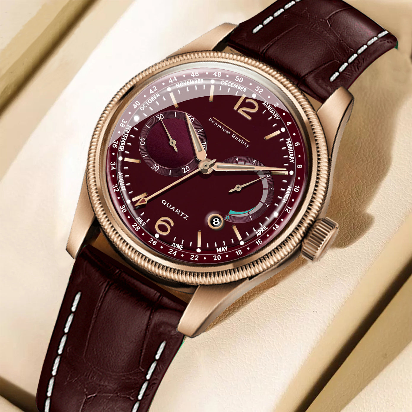 Men's Premium Multifunction Calendar Watch | Rose Gold Case, Rich Burgundy Dial, and Brown Alligator-Style Strap