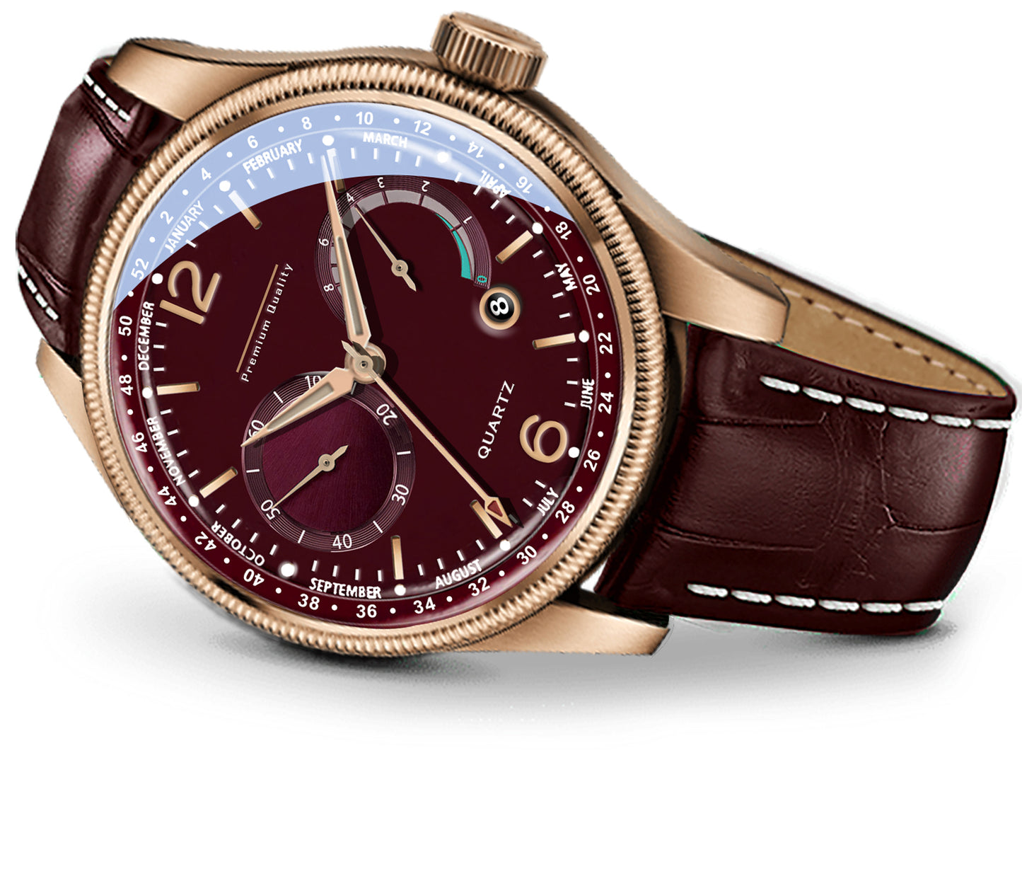 Men's Premium Multifunction Calendar Watch | Rose Gold Case, Rich Burgundy Dial, and Brown Alligator-Style Strap