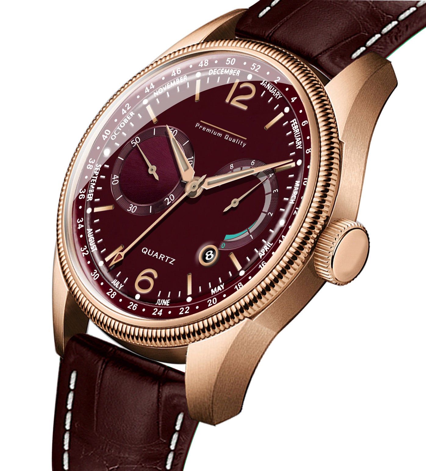 Men's Premium Multifunction Calendar Watch | Rose Gold Case, Rich Burgundy Dial, and Brown Alligator-Style Strap