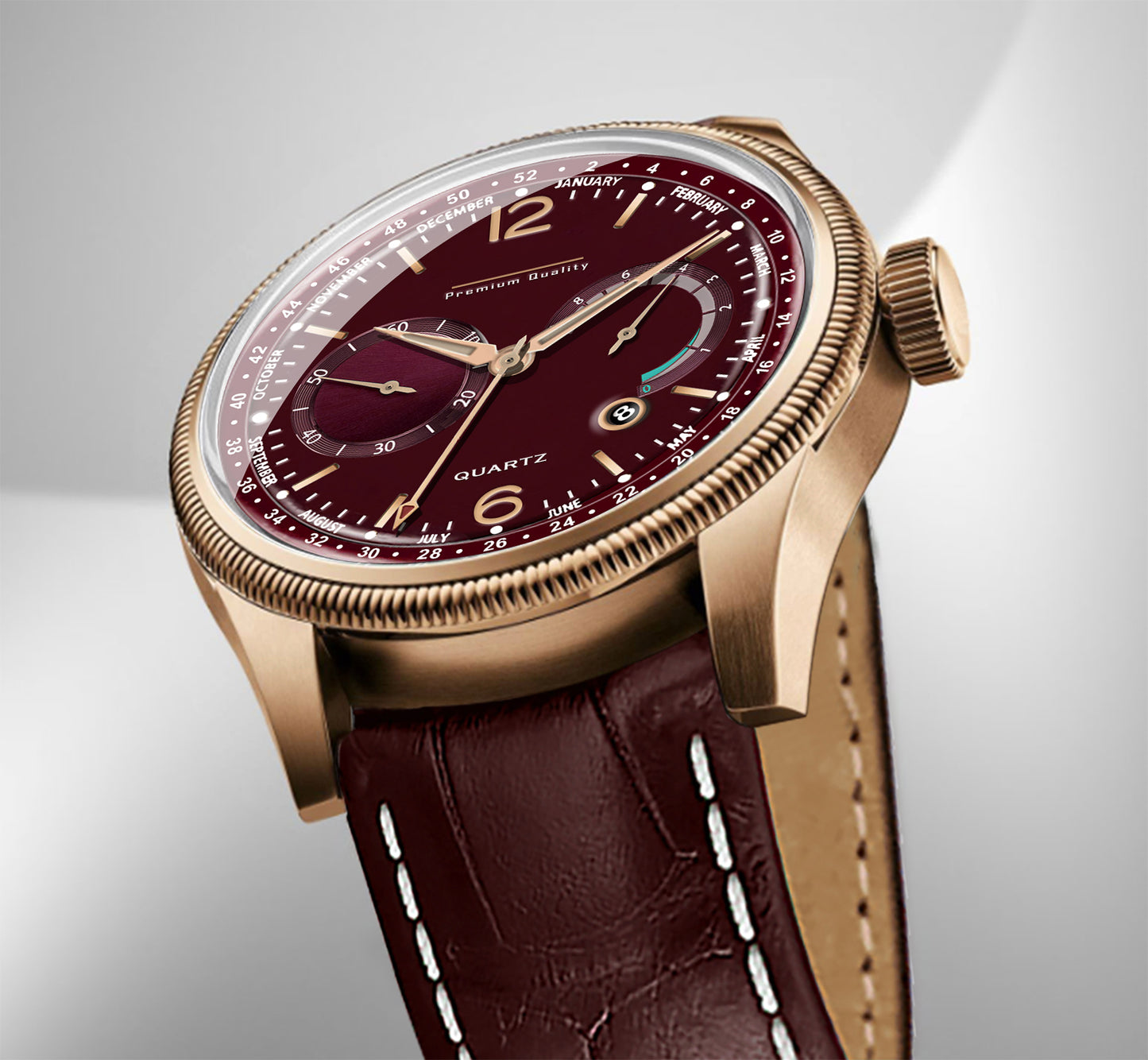 Men's Premium Multifunction Calendar Watch | Rose Gold Case, Rich Burgundy Dial, and Brown Alligator-Style Strap
