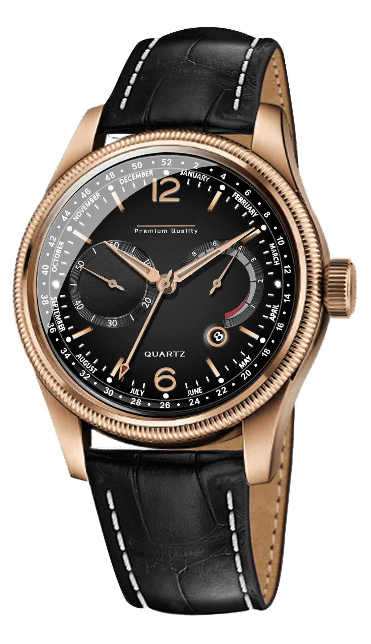 Men's Grand Multifunction Calendar Watch | Rose Gold Case, Classic Black Dial, and Black Alligator-Style Strap
