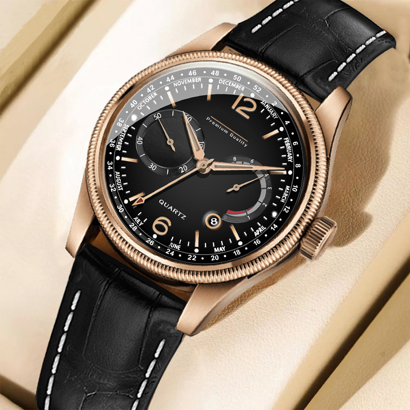 Men's Grand Multifunction Calendar Watch | Rose Gold Case, Classic Black Dial, and Black Alligator-Style Strap