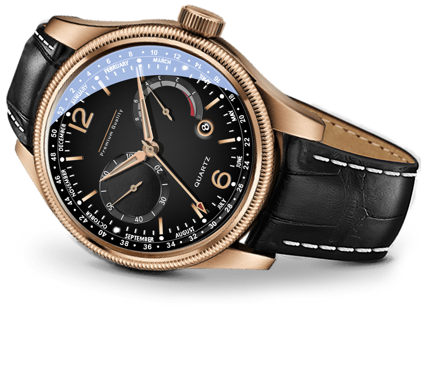 Men's Grand Multifunction Calendar Watch | Rose Gold Case, Classic Black Dial, and Black Alligator-Style Strap