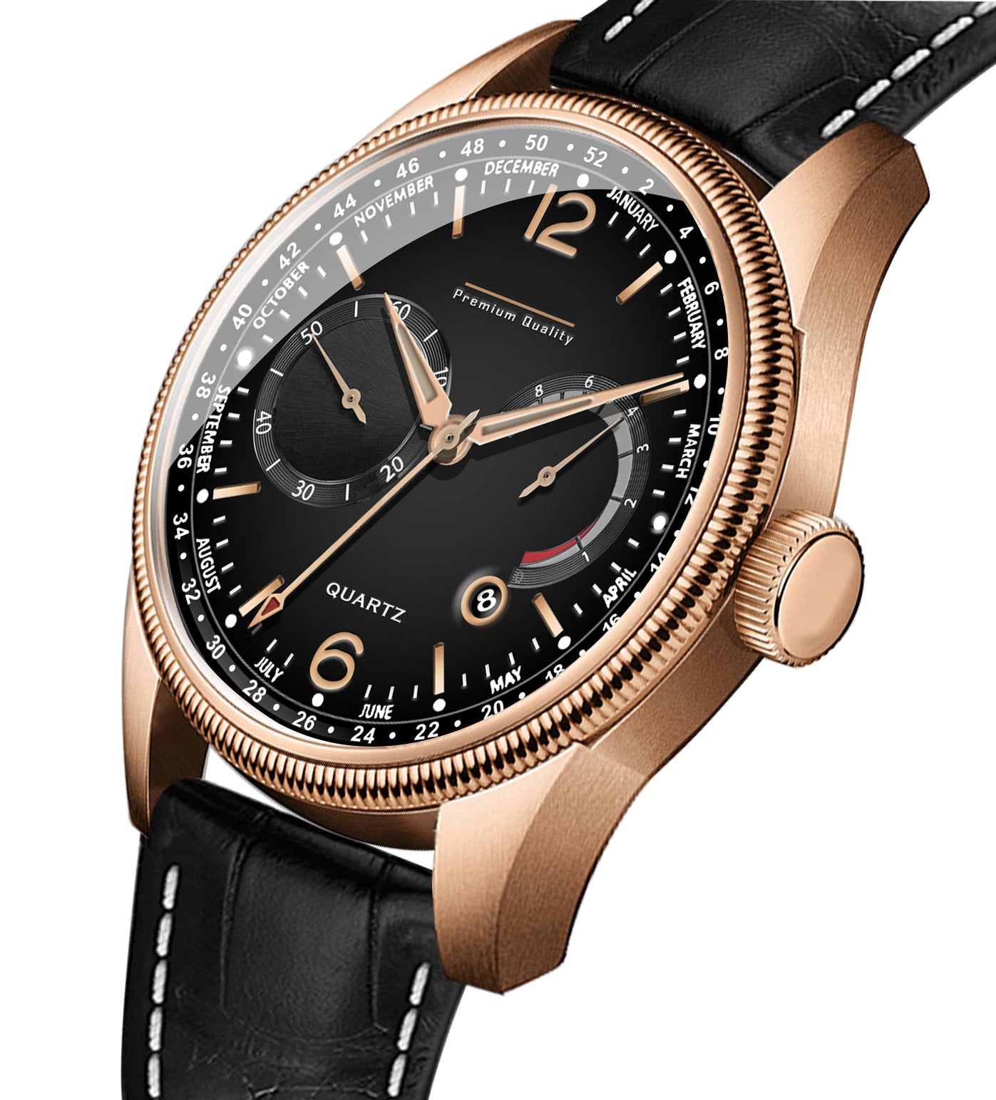 Men's Grand Multifunction Calendar Watch | Rose Gold Case, Classic Black Dial, and Black Alligator-Style Strap
