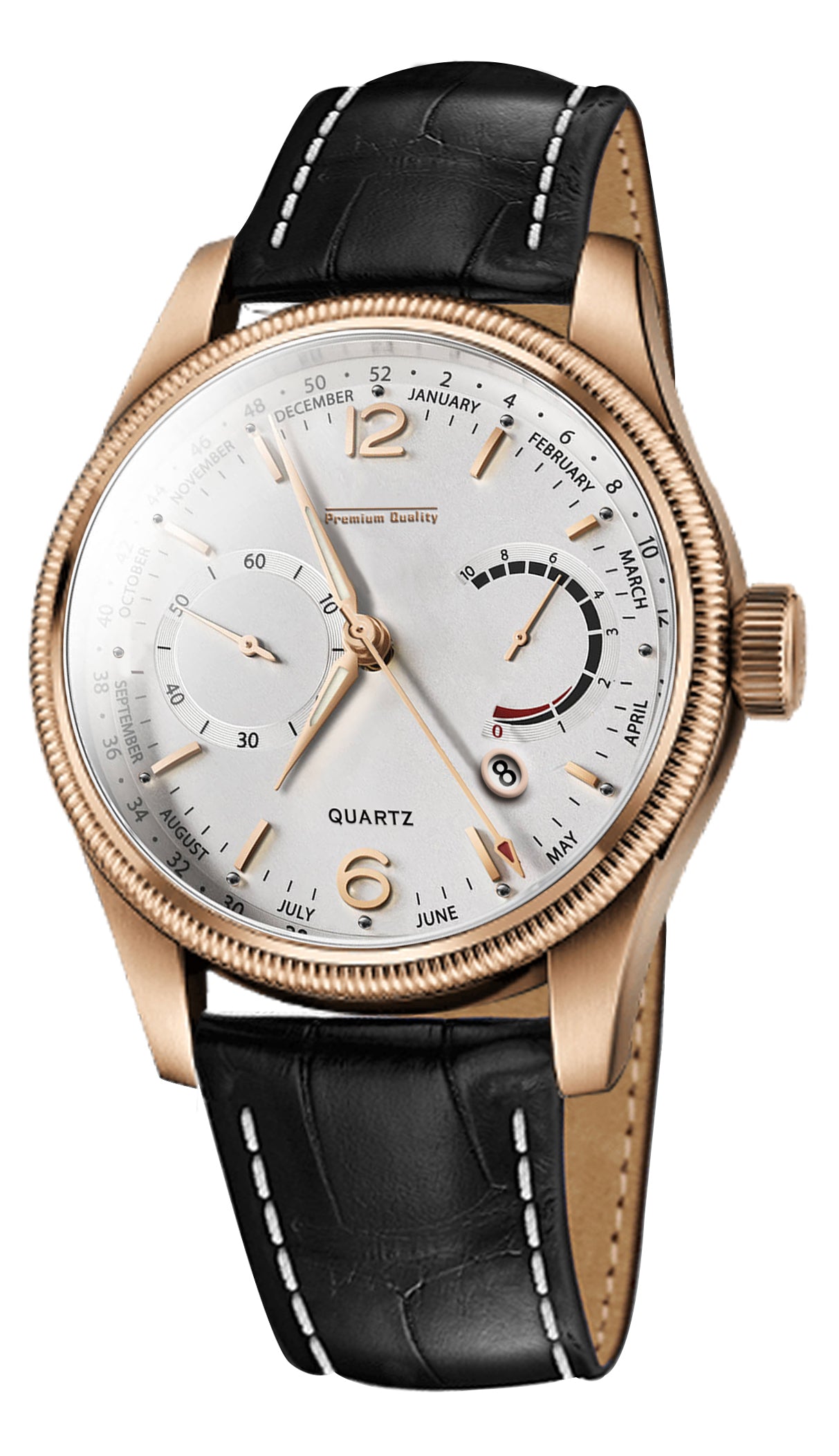 Men's Premium Multifunction Calendar Watch | Rose Gold Case, Classic White Dial, and Black Alligator-Style Strap