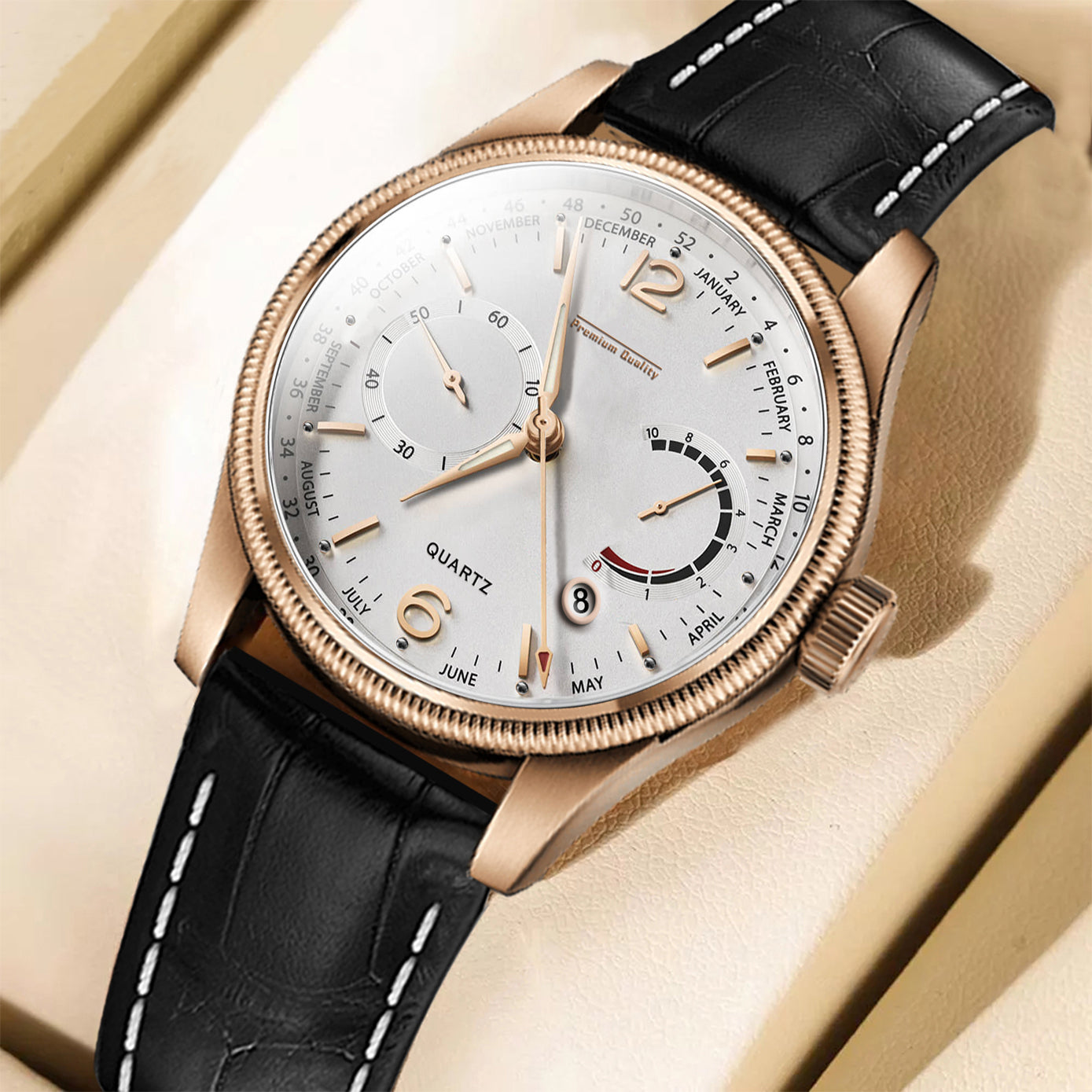 Men's Premium Multifunction Calendar Watch | Rose Gold Case, Classic White Dial, and Black Alligator-Style Strap