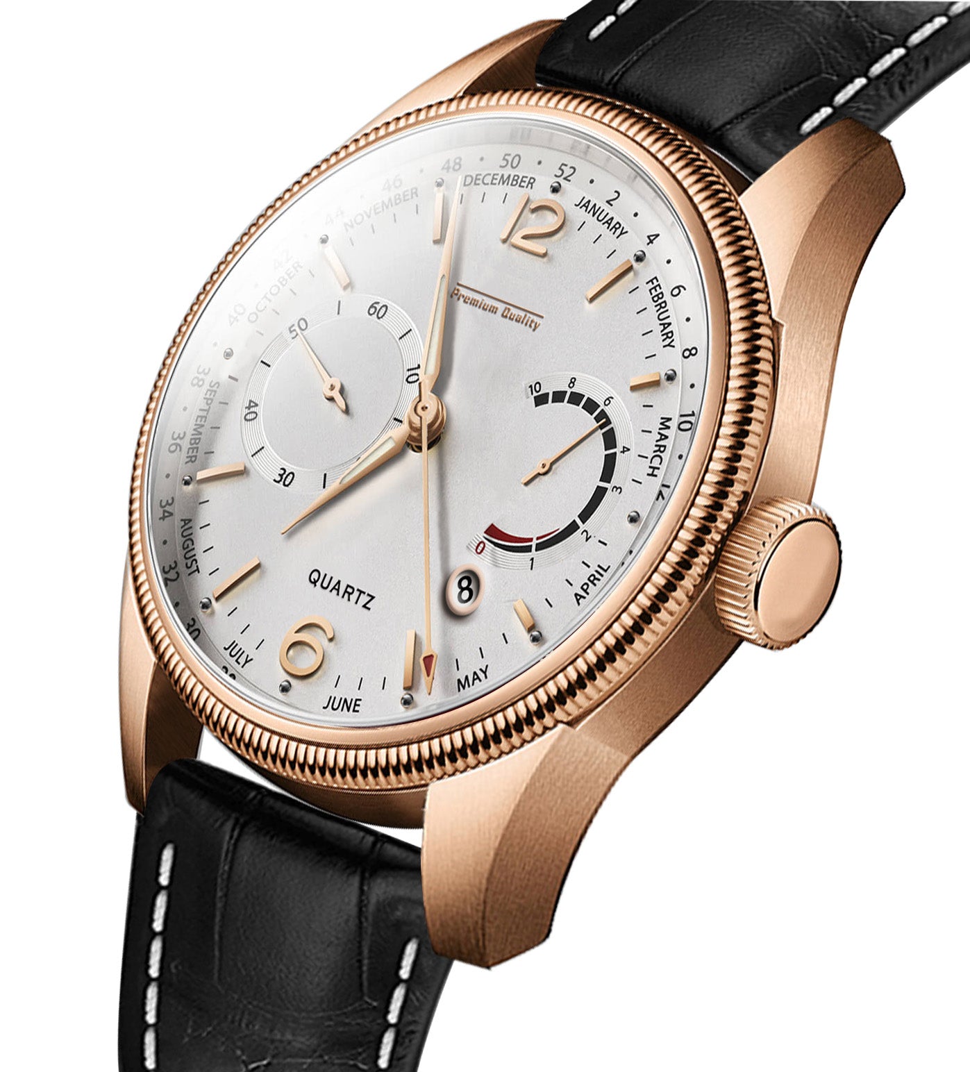 Men's Premium Multifunction Calendar Watch | Rose Gold Case, Classic White Dial, and Black Alligator-Style Strap