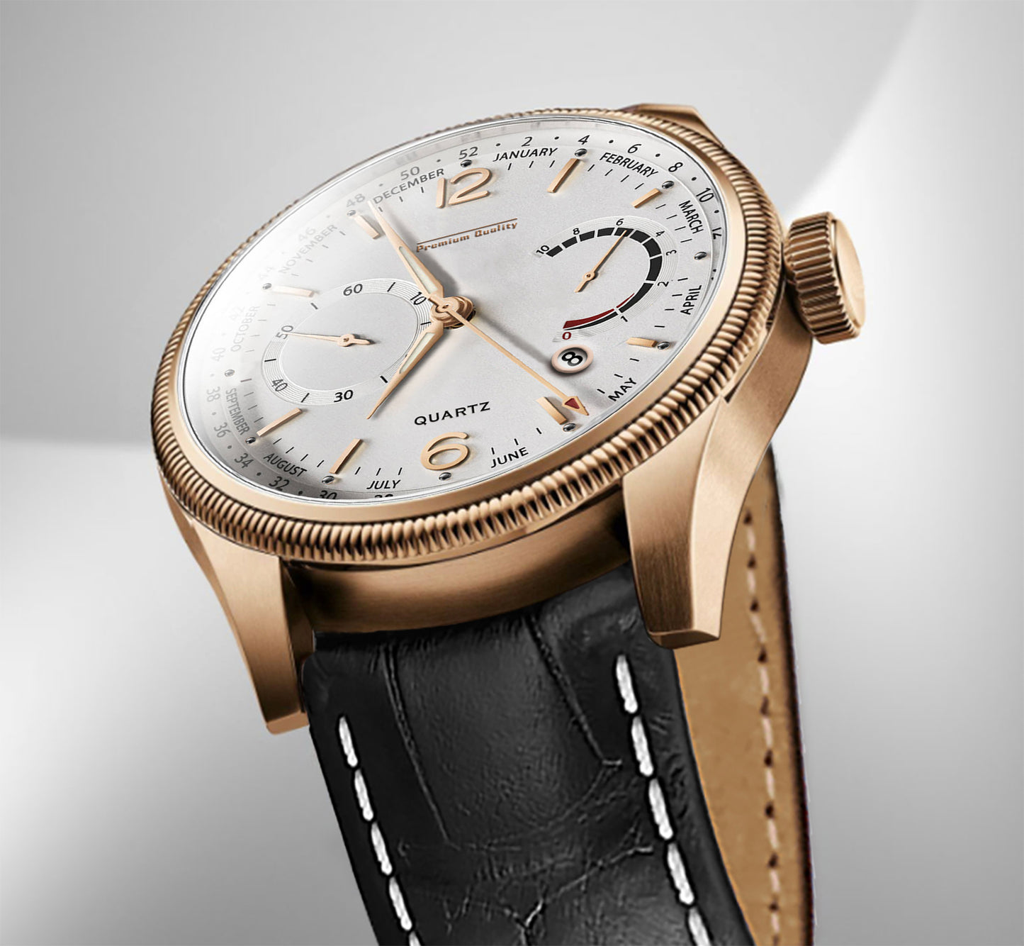 Men's Premium Multifunction Calendar Watch | Rose Gold Case, Classic White Dial, and Black Alligator-Style Strap