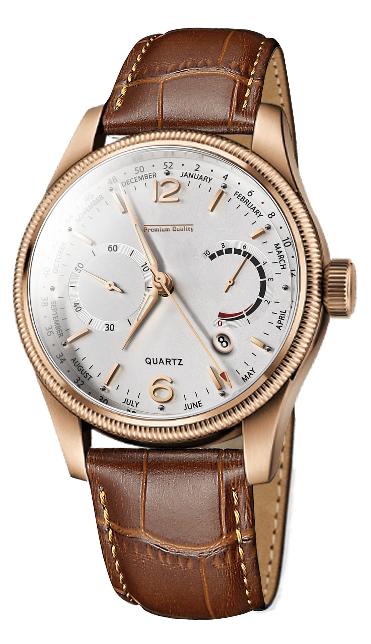 Men's Premium Multifunction Calendar Watch | Rose Gold Case, Classic White Dial, and Warm Brown Alligator-Style Strap