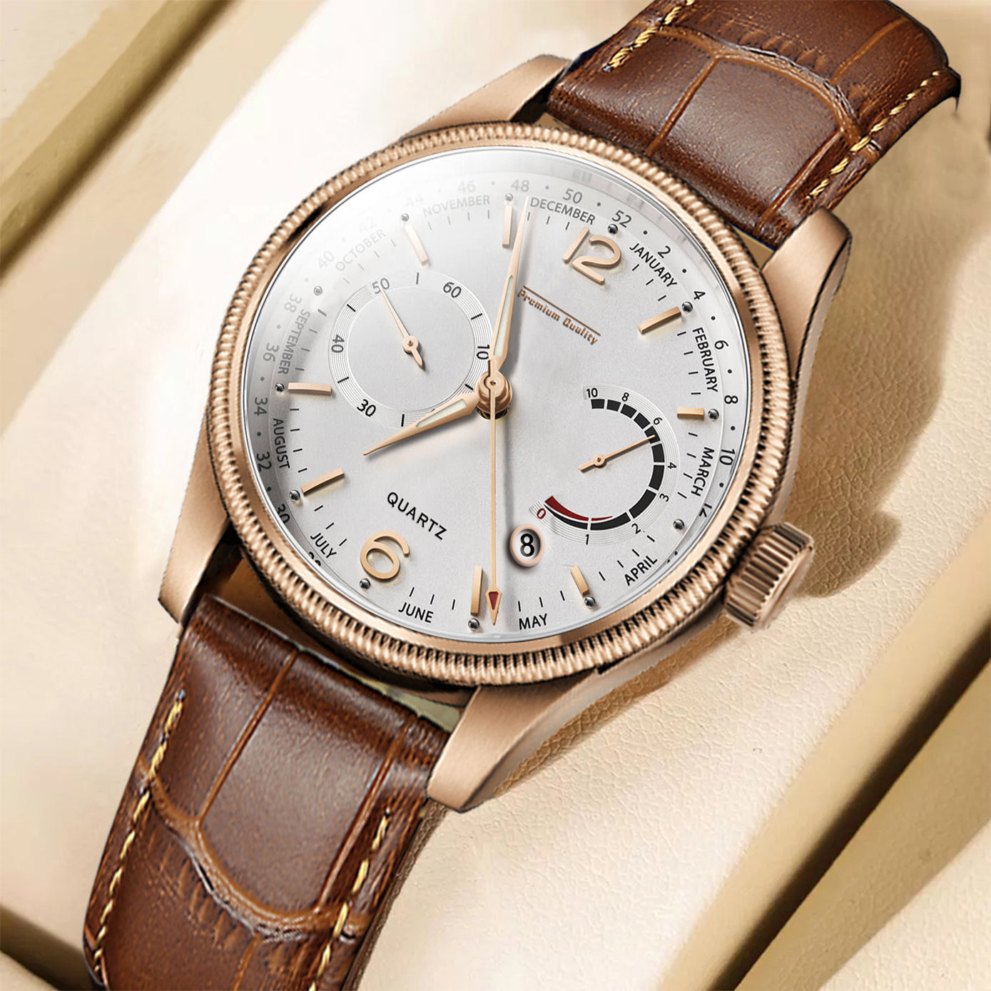 Men's Premium Multifunction Calendar Watch | Rose Gold Case, Classic White Dial, and Warm Brown Alligator-Style Strap