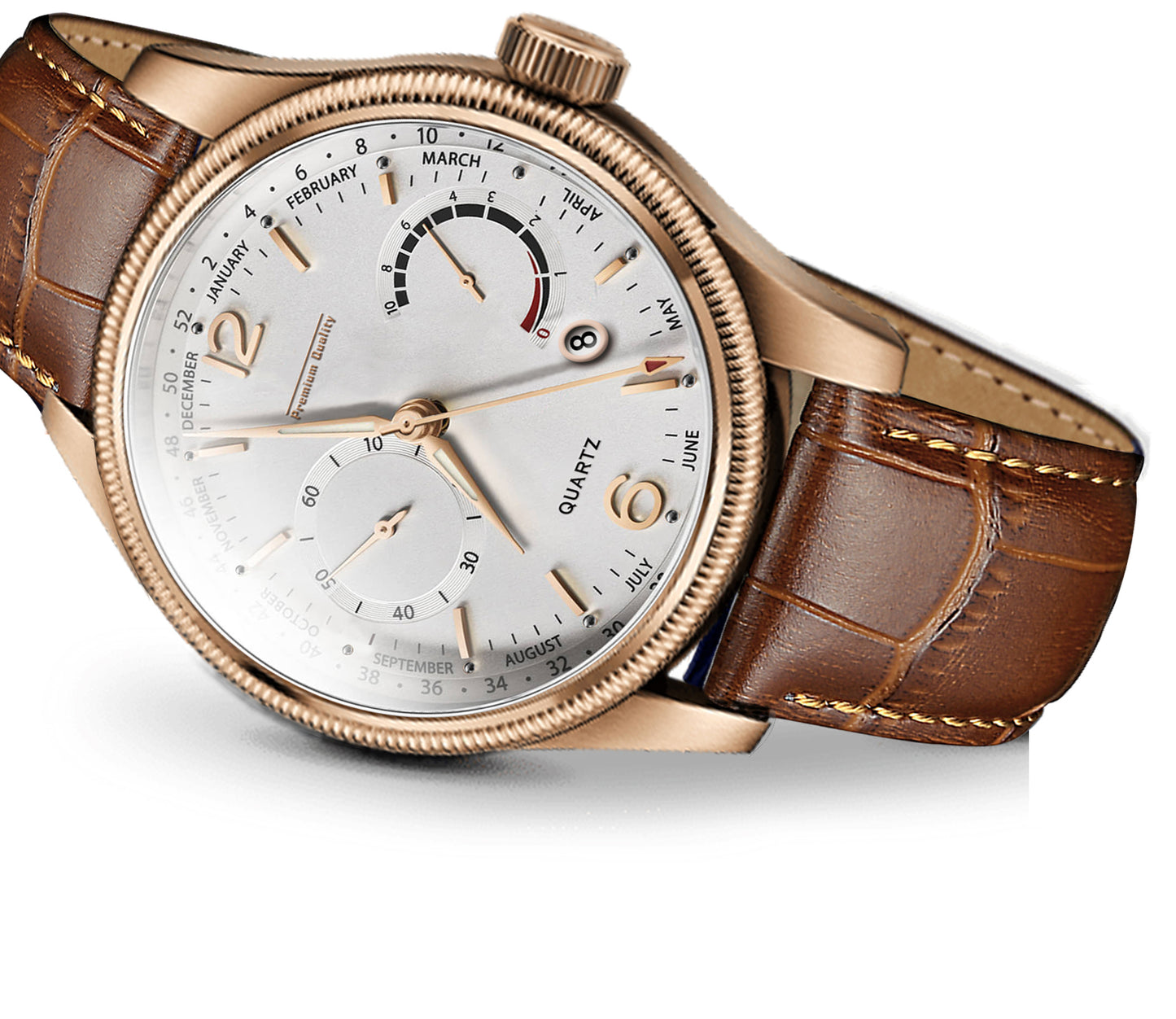 Men's Premium Multifunction Calendar Watch | Rose Gold Case, Classic White Dial, and Warm Brown Alligator-Style Strap
