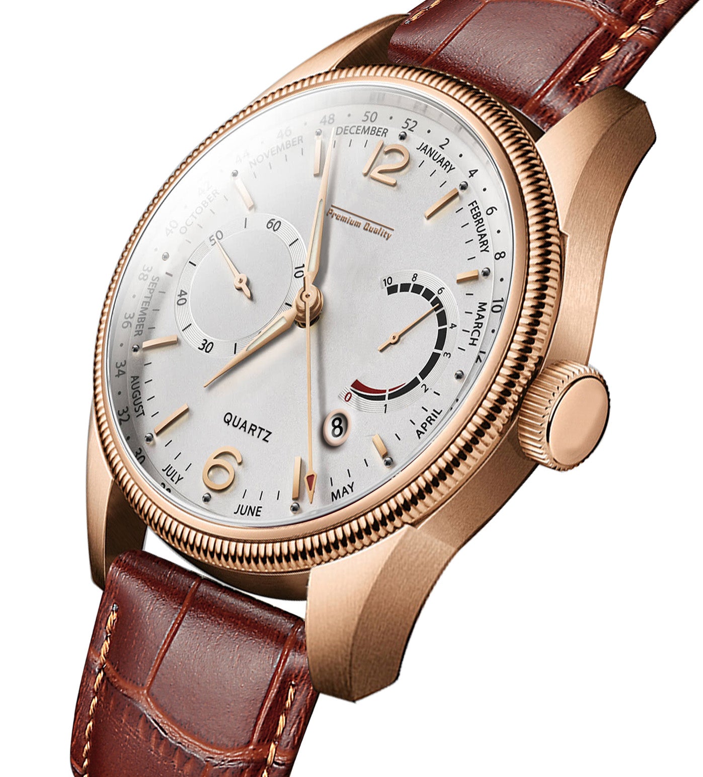 Men's Premium Multifunction Calendar Watch | Rose Gold Case, Classic White Dial, and Warm Brown Alligator-Style Strap