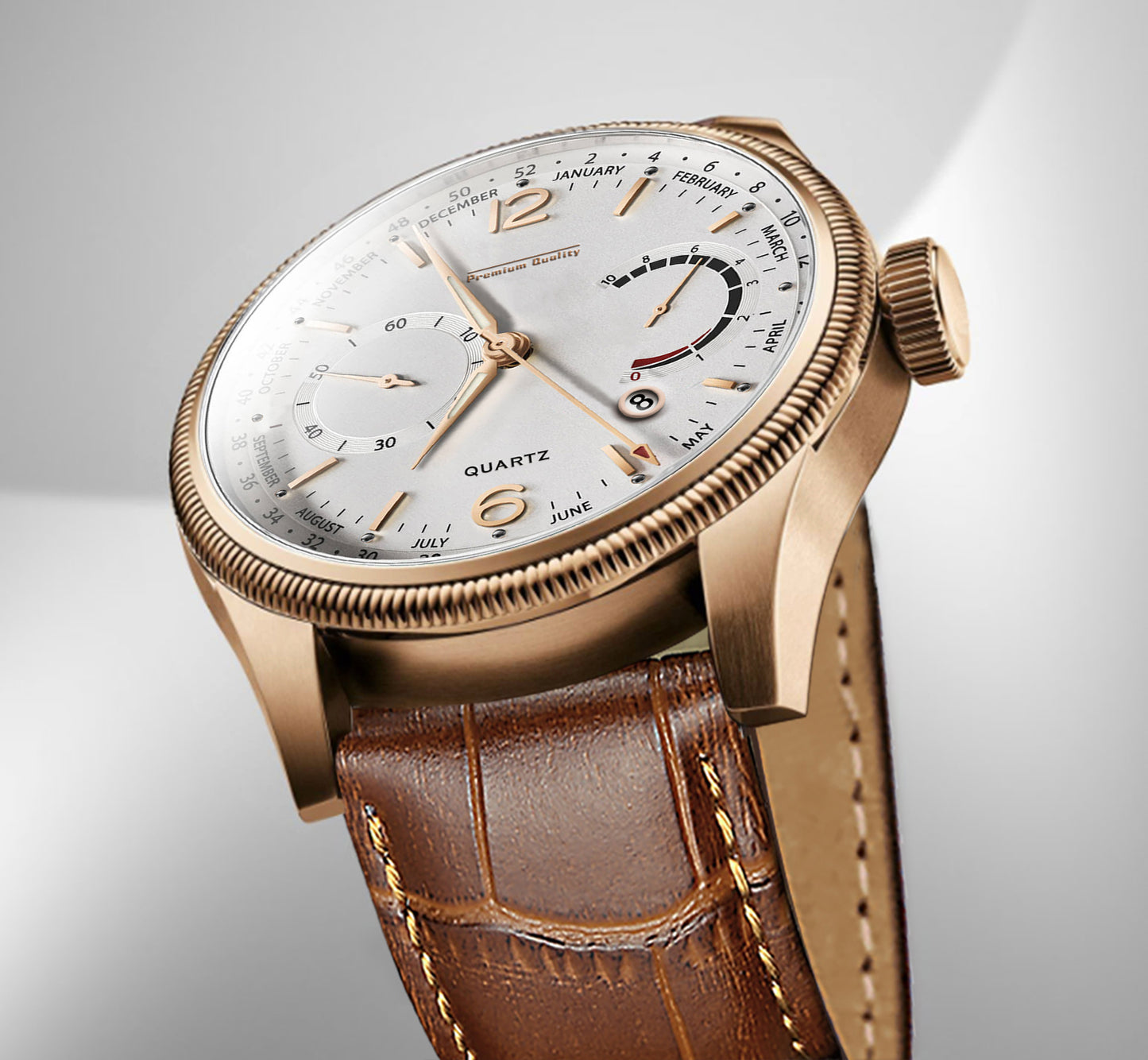 Men's Premium Multifunction Calendar Watch | Rose Gold Case, Classic White Dial, and Warm Brown Alligator-Style Strap
