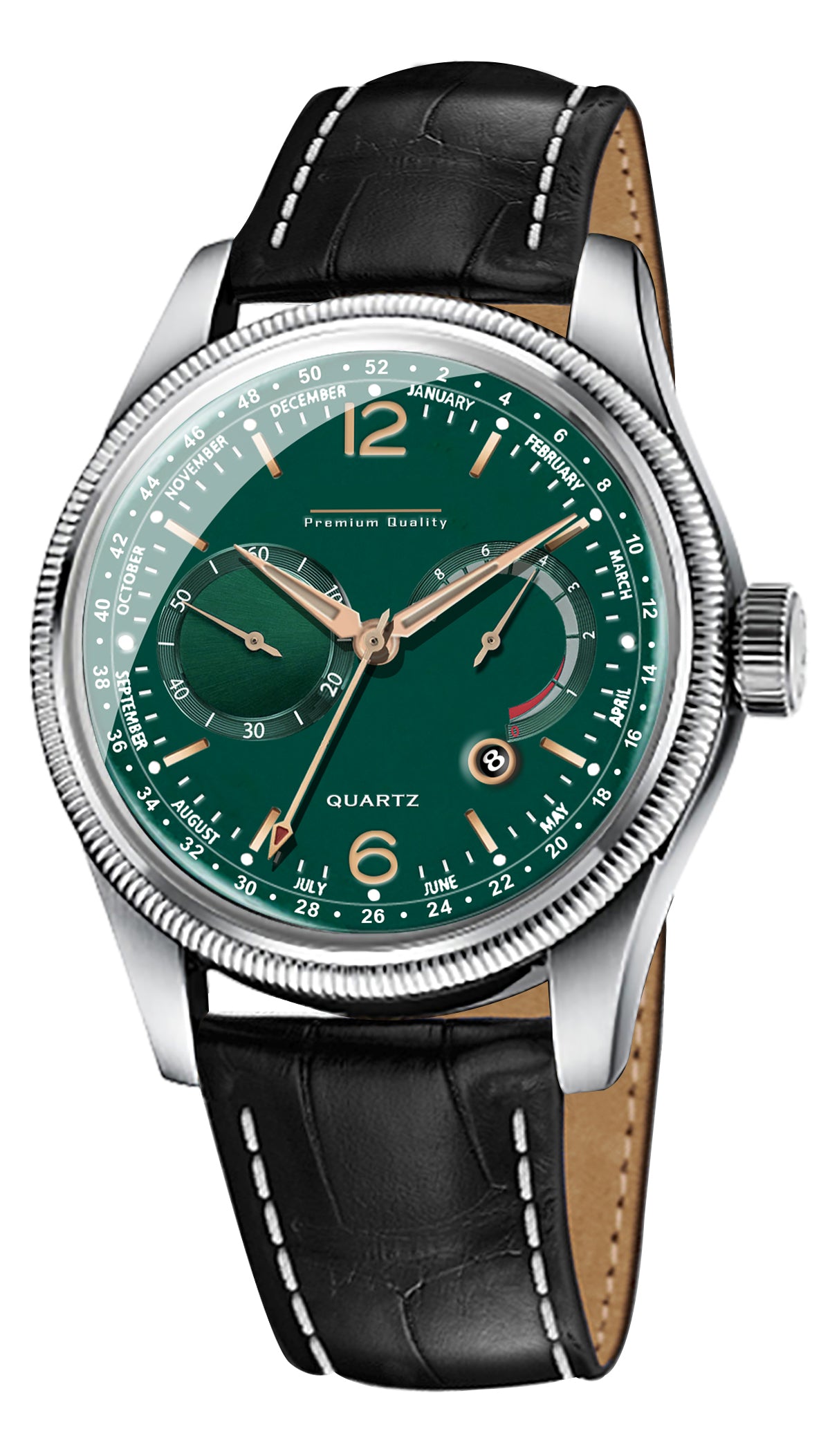 Men's Premium Multifunction Calendar Watch | Silver Case, Emerald Green Dial, and Black Alligator-Style Strap