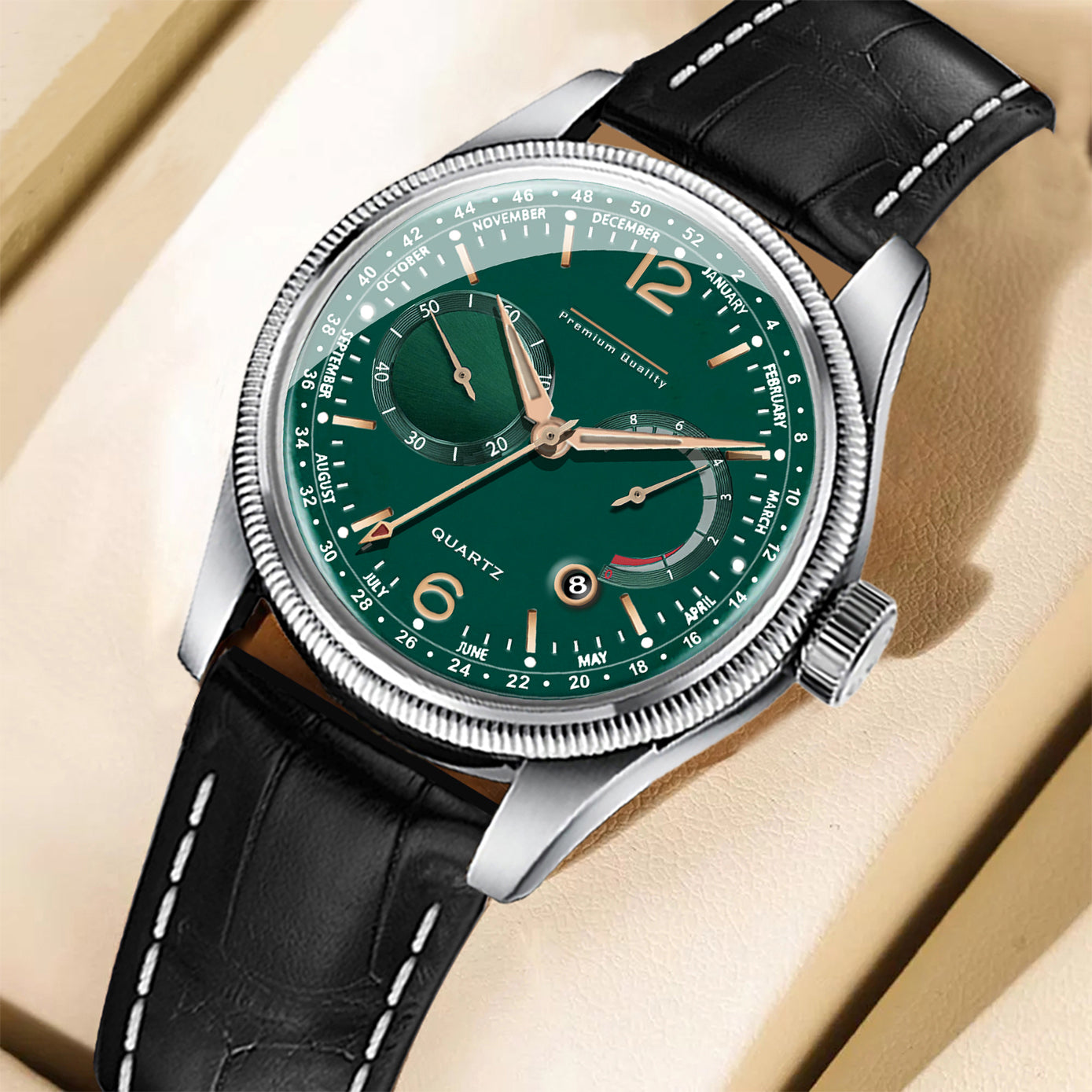 Men's Premium Multifunction Calendar Watch | Silver Case, Emerald Green Dial, and Black Alligator-Style Strap