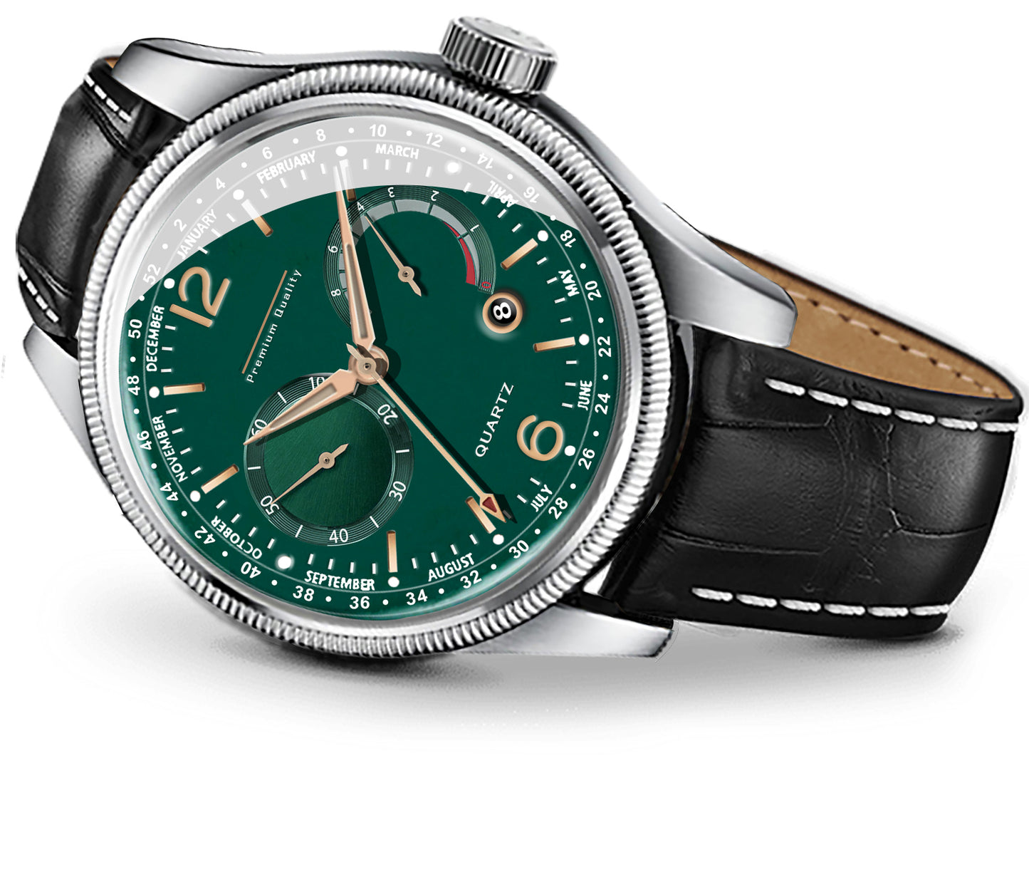 Men's Premium Multifunction Calendar Watch | Silver Case, Emerald Green Dial, and Black Alligator-Style Strap