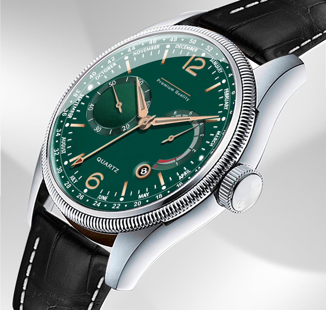 Men's Premium Multifunction Calendar Watch | Silver Case, Emerald Green Dial, and Black Alligator-Style Strap