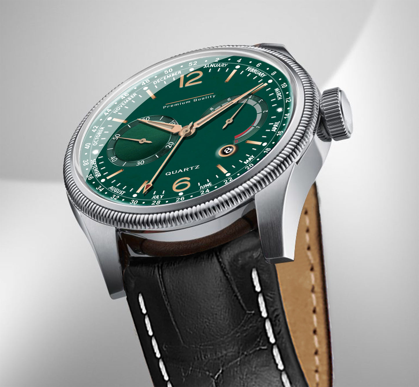 Men's Premium Multifunction Calendar Watch | Silver Case, Emerald Green Dial, and Black Alligator-Style Strap