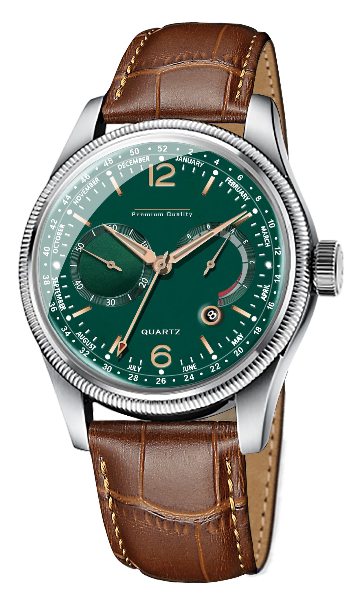 Men's Premium Multifunction Calendar Watch | Silver Case, Emerald Green Dial, and Warm Brown Alligator-Style Strap