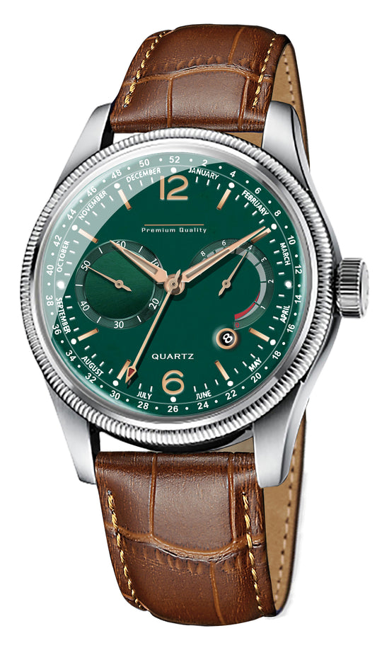 Men's Premium Multifunction Calendar Watch | Silver Case, Emerald Green Dial, and Warm Brown Alligator-Style Strap