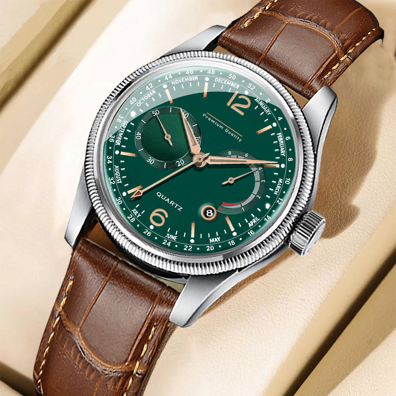 Men's Premium Multifunction Calendar Watch | Silver Case, Emerald Green Dial, and Warm Brown Alligator-Style Strap