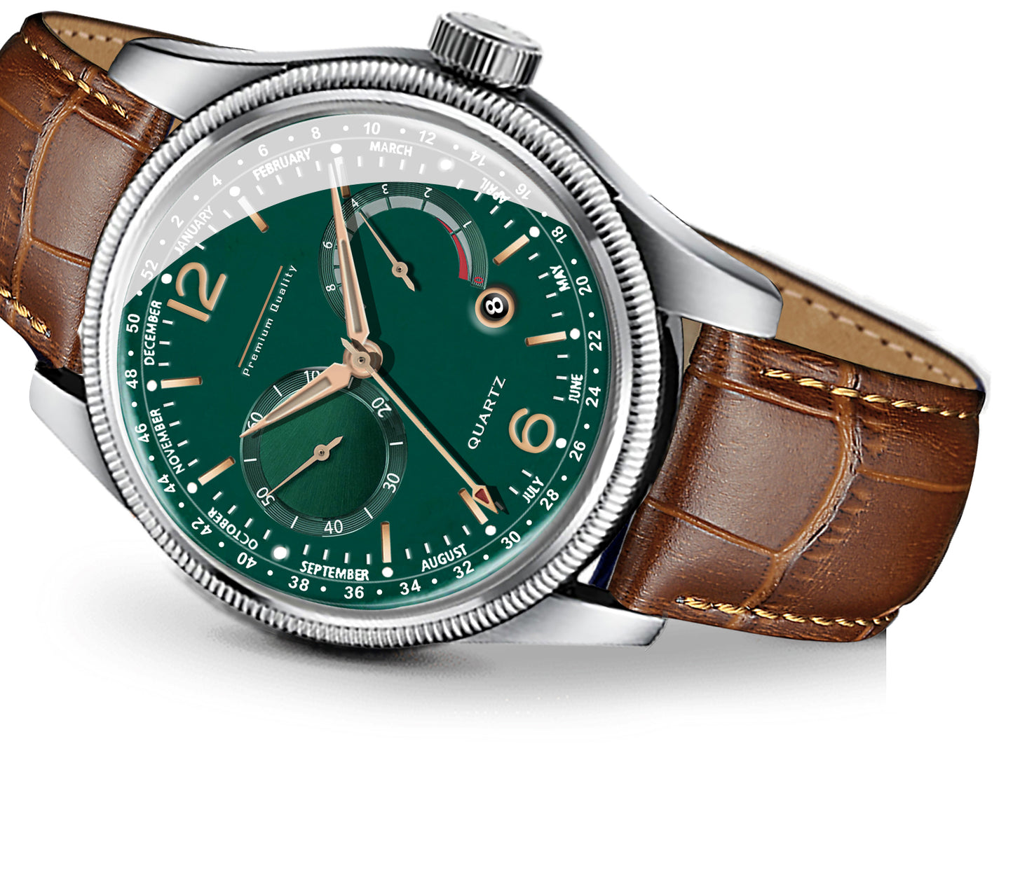 Men's Premium Multifunction Calendar Watch | Silver Case, Emerald Green Dial, and Warm Brown Alligator-Style Strap