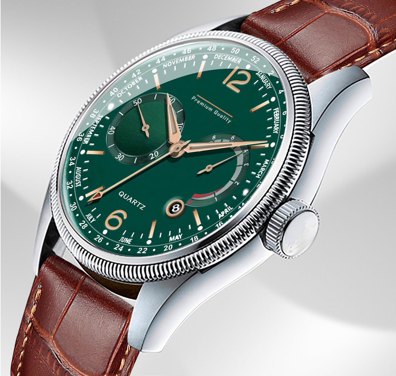 Men's Premium Multifunction Calendar Watch | Silver Case, Emerald Green Dial, and Warm Brown Alligator-Style Strap