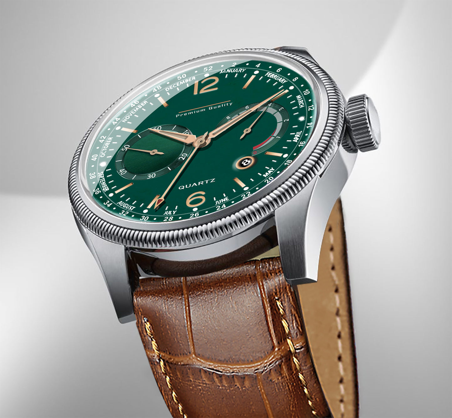 Men's Premium Multifunction Calendar Watch | Silver Case, Emerald Green Dial, and Warm Brown Alligator-Style Strap