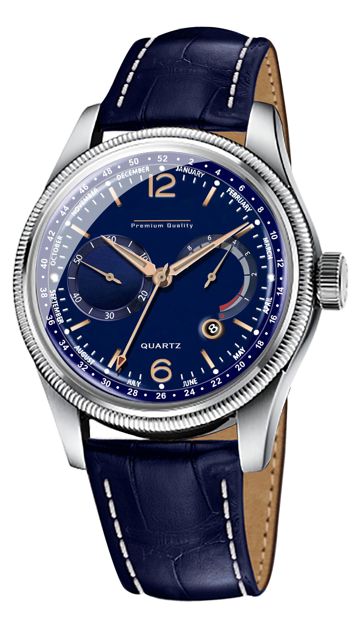 Men's Premium Multifunction Calendar Watch | Silver Case, Midnight Blue Dial, and Navy Alligator-Style Strap