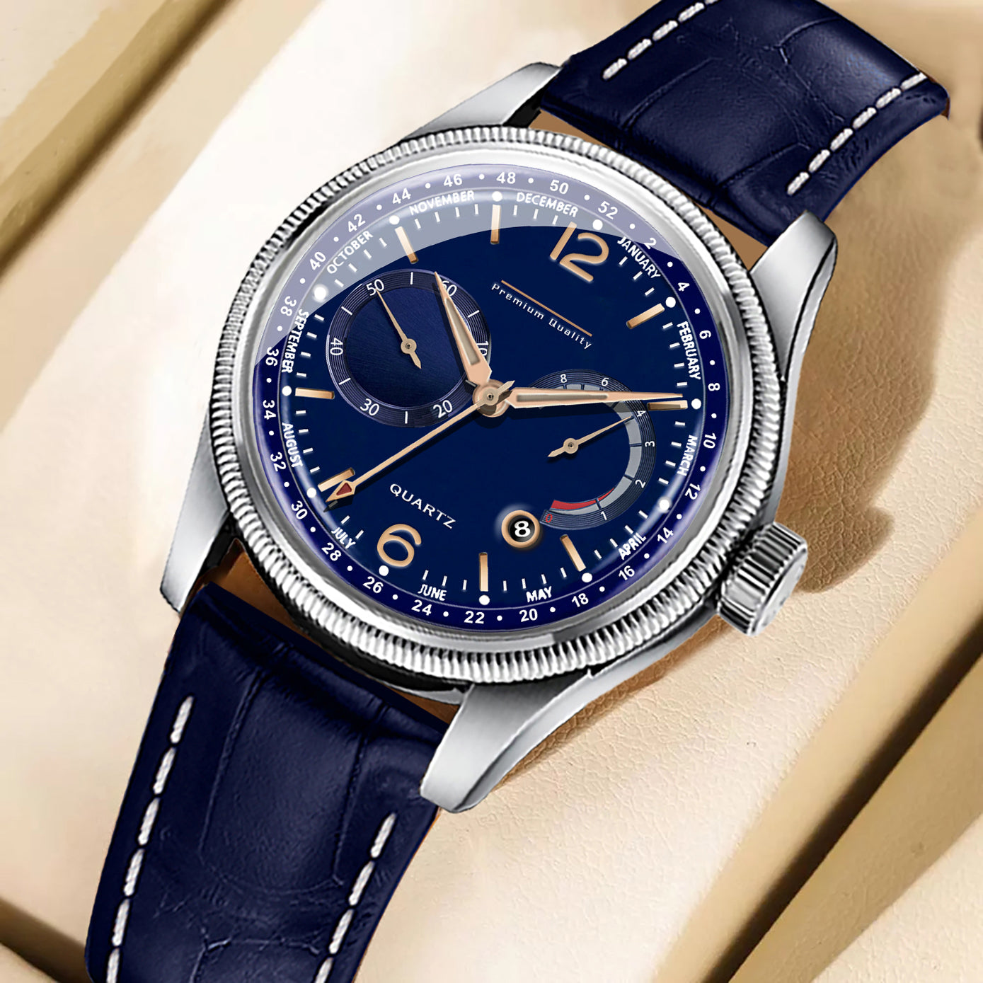 Men's Premium Multifunction Calendar Watch | Silver Case, Midnight Blue Dial, and Navy Alligator-Style Strap
