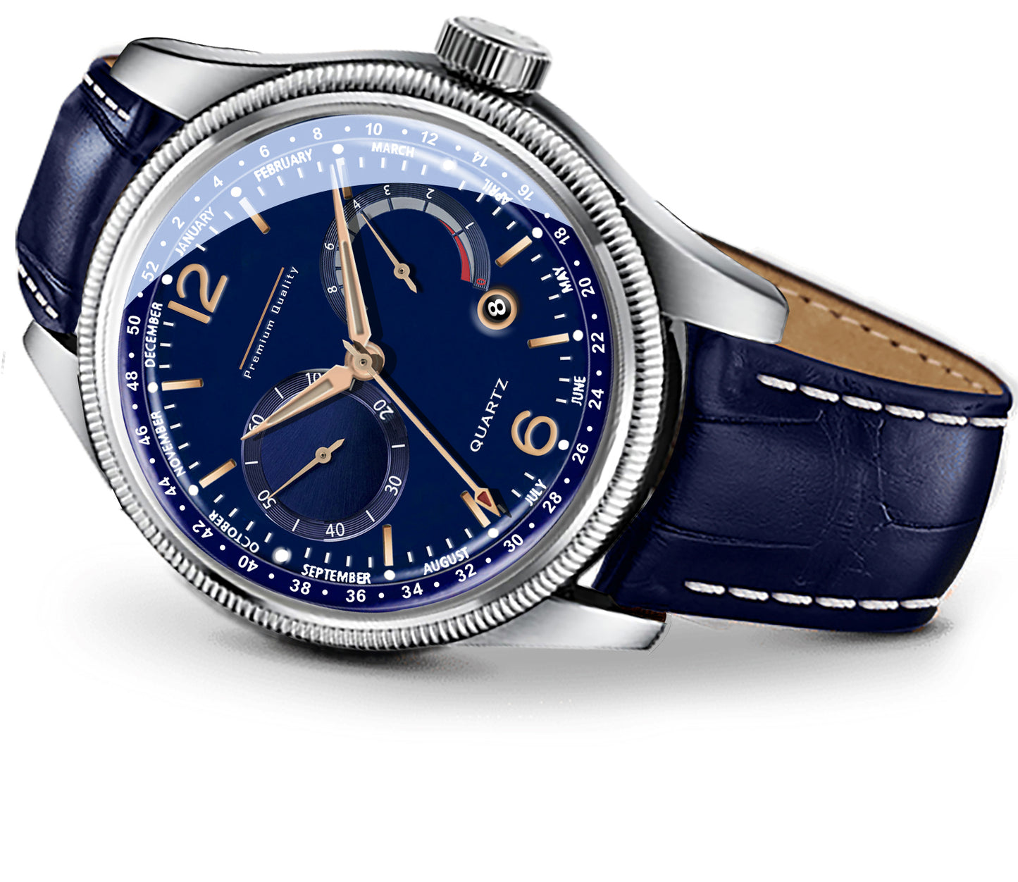 Men's Premium Multifunction Calendar Watch | Silver Case, Midnight Blue Dial, and Navy Alligator-Style Strap