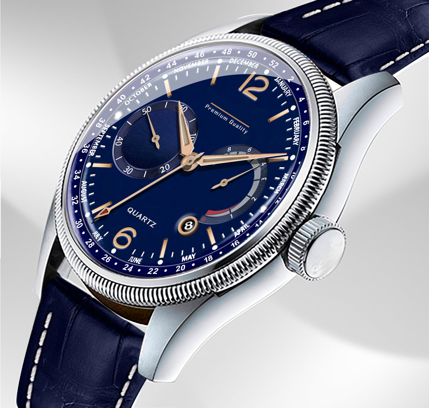 Men's Premium Multifunction Calendar Watch | Silver Case, Midnight Blue Dial, and Navy Alligator-Style Strap