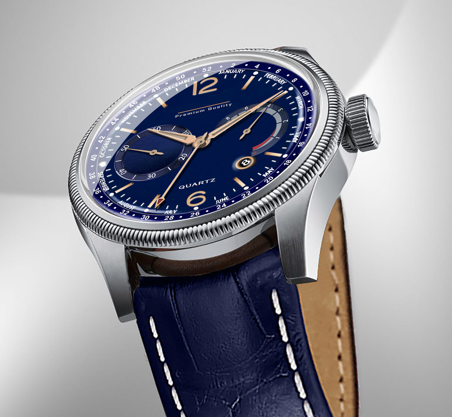 Men's Premium Multifunction Calendar Watch | Silver Case, Midnight Blue Dial, and Navy Alligator-Style Strap