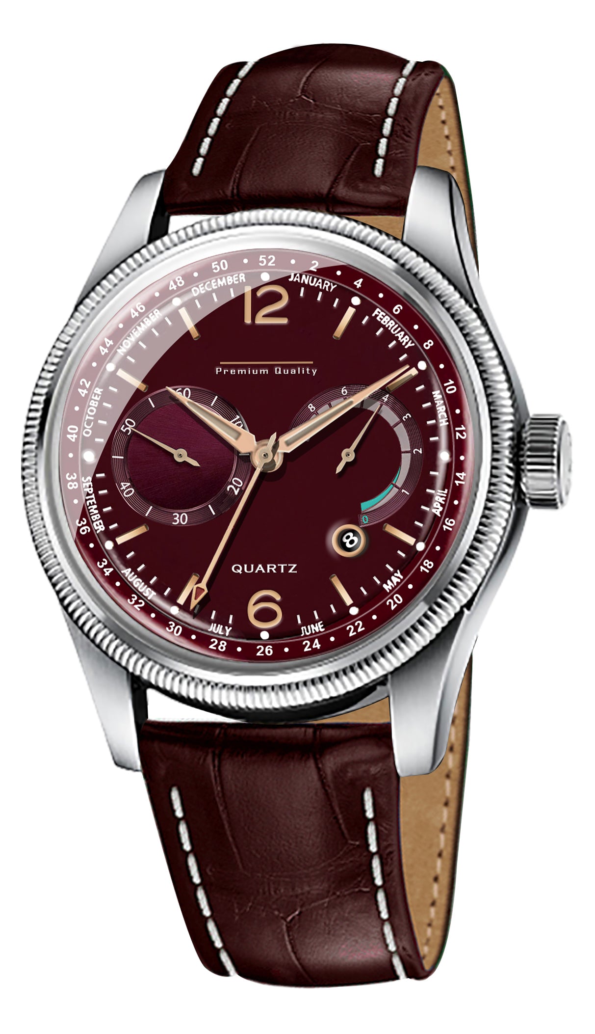 Men's Premium Multifunction Calendar Watch | Silver Case, Rich Burgundy Dial, and Brown Alligator-Style Strap