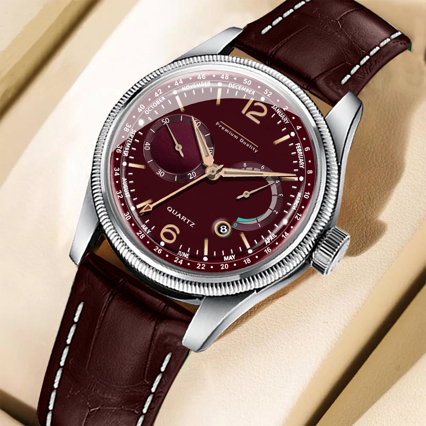 Men's Premium Multifunction Calendar Watch | Silver Case, Rich Burgundy Dial, and Brown Alligator-Style Strap