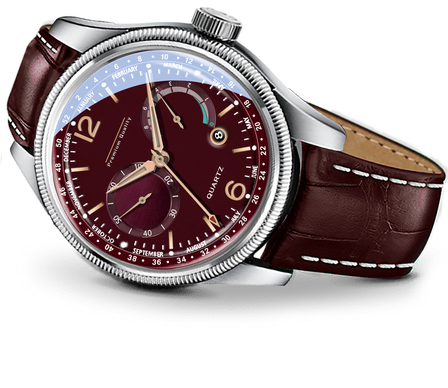 Men's Premium Multifunction Calendar Watch | Silver Case, Rich Burgundy Dial, and Brown Alligator-Style Strap