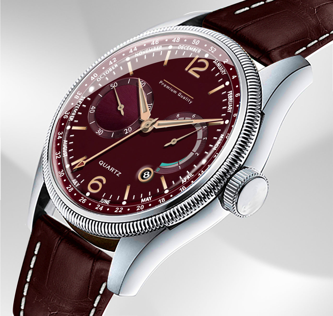 Men's Premium Multifunction Calendar Watch | Silver Case, Rich Burgundy Dial, and Brown Alligator-Style Strap