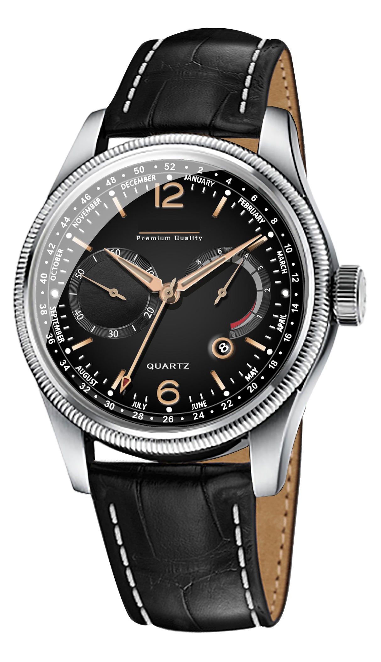 Men's Premium Multifunction Calendar Watch | Silver Case, Classic Black Dial, and Black Alligator-Style Strap