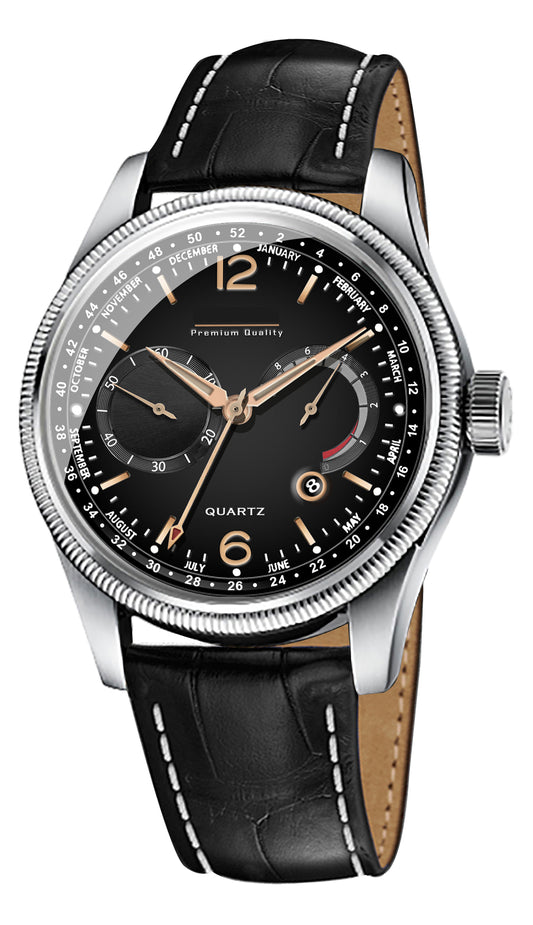 Men's Premium Multifunction Calendar Watch | Silver Case, Classic Black Dial, and Black Alligator-Style Strap