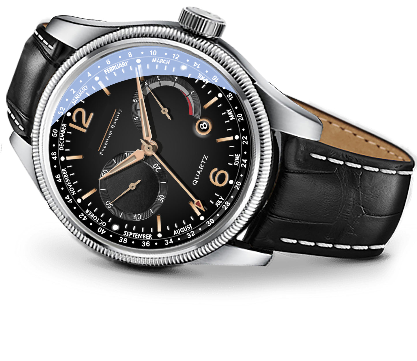 Men's Premium Multifunction Calendar Watch | Silver Case, Classic Black Dial, and Black Alligator-Style Strap