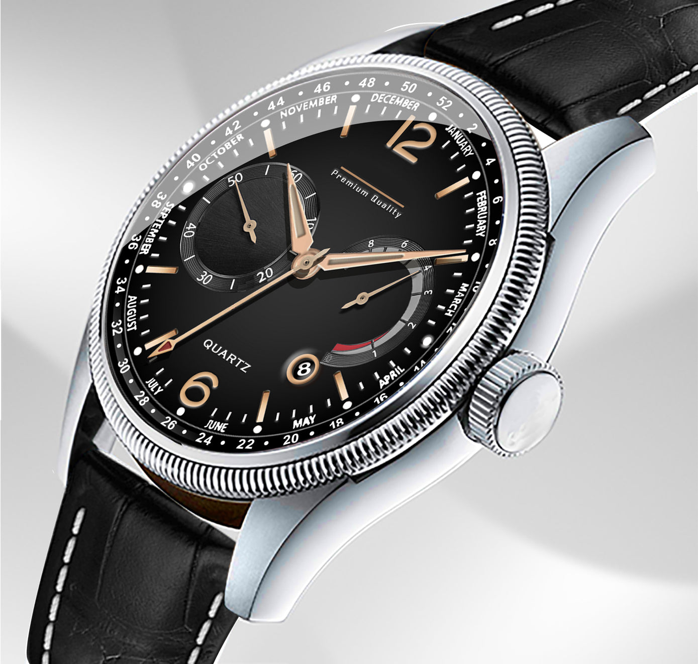 Men's Premium Multifunction Calendar Watch | Silver Case, Classic Black Dial, and Black Alligator-Style Strap