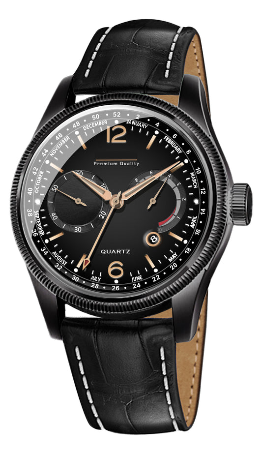 Men's Stealth Multifunction Calendar Watch | Matte Black Case, Black Dial, and Black Alligator-Style Strap